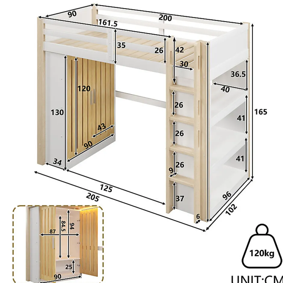 ModernLuxe Lit mezzanine 90x200cm - avec éclairage LED - avec armoire - avec étagères - blanc + naturel (matelas non inclus)