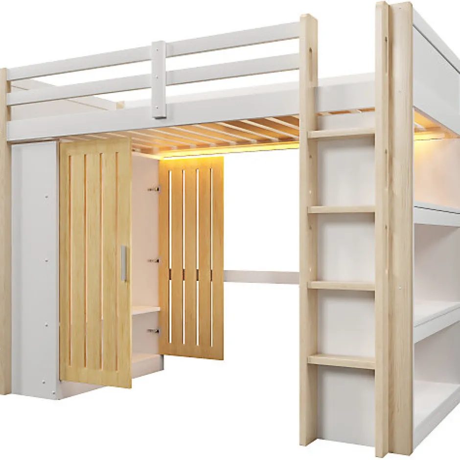 ModernLuxe Lit mezzanine 90x200cm - avec éclairage LED - avec armoire - avec étagères - blanc + naturel (matelas non inclus)