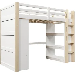 ModernLuxe Lit mezzanine 90x200cm - avec éclairage LED - avec armoire - avec étagères - blanc + naturel (matelas non inclus)