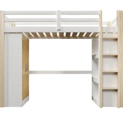 ModernLuxe Lit mezzanine 90x200cm - avec éclairage LED - avec armoire - avec étagères - blanc + naturel (matelas non inclus)