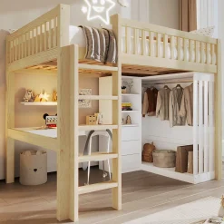ModernLuxe Lit mezzanine 140x200cm - bureau et armoire - 3 tiroirs - escalier - naturel (matelas non inclus)