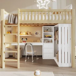 ModernLuxe Lit mezzanine 140x200cm - bureau et armoire - 3 tiroirs - escalier - naturel (matelas non inclus)