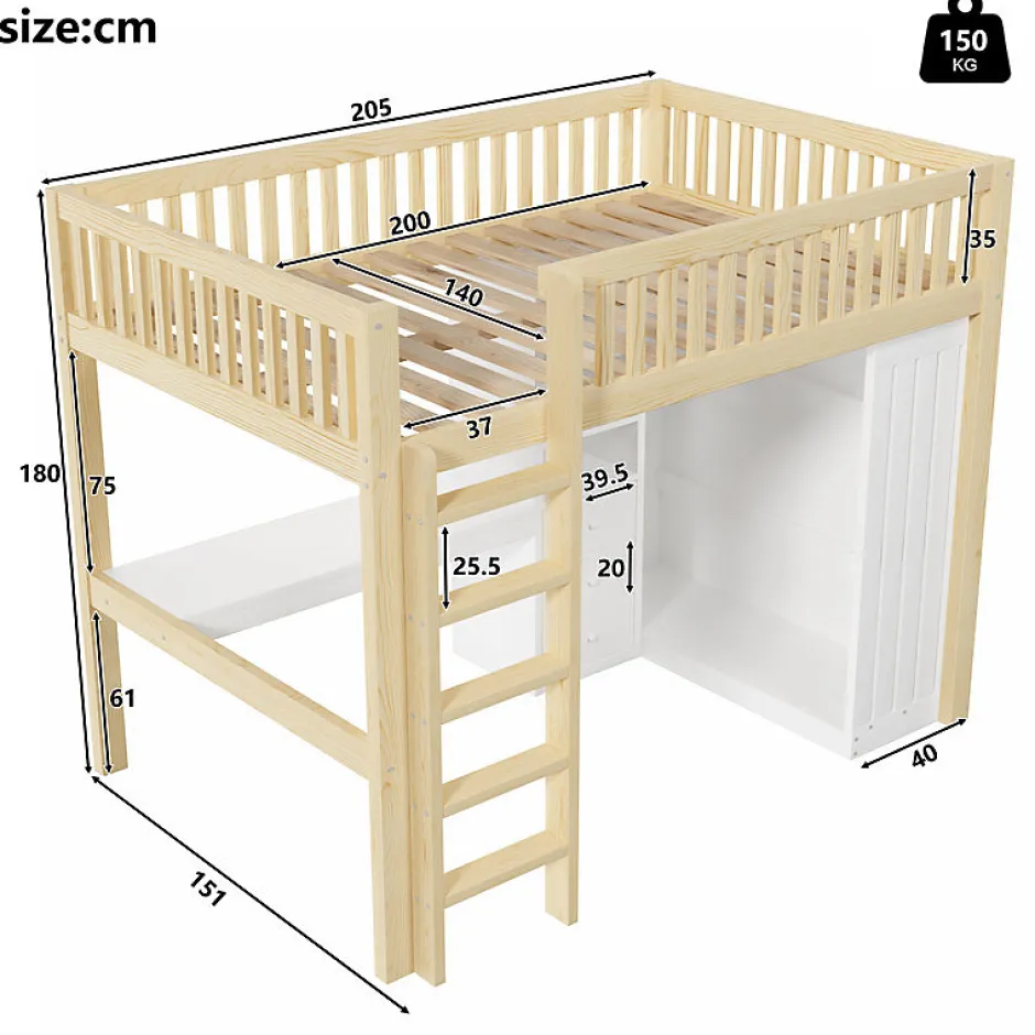 ModernLuxe Lit mezzanine 140x200cm - bureau et armoire - 3 tiroirs - escalier - naturel (matelas non inclus)