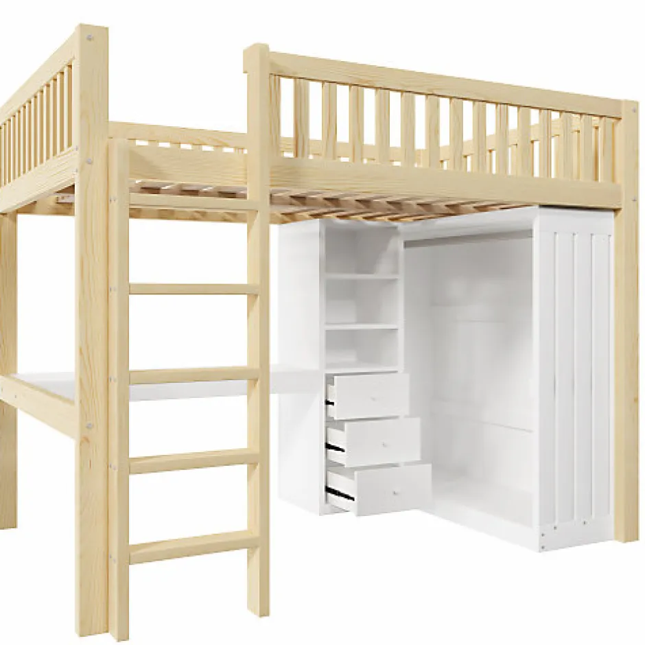ModernLuxe Lit mezzanine 140x200cm - bureau et armoire - 3 tiroirs - escalier - naturel (matelas non inclus)