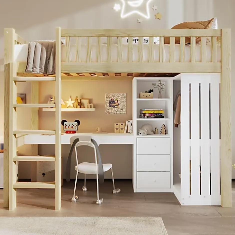 ModernLuxe Lit mezzanine 90x200cm - bureau et armoire - 3 tiroirs - escalier - naturel (matelas non inclus) Online