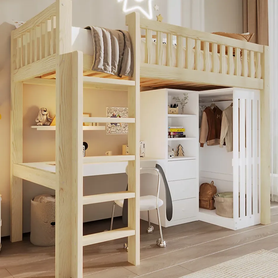 ModernLuxe Lit mezzanine 90x200cm - bureau et armoire - 3 tiroirs - escalier - naturel (matelas non inclus) Online