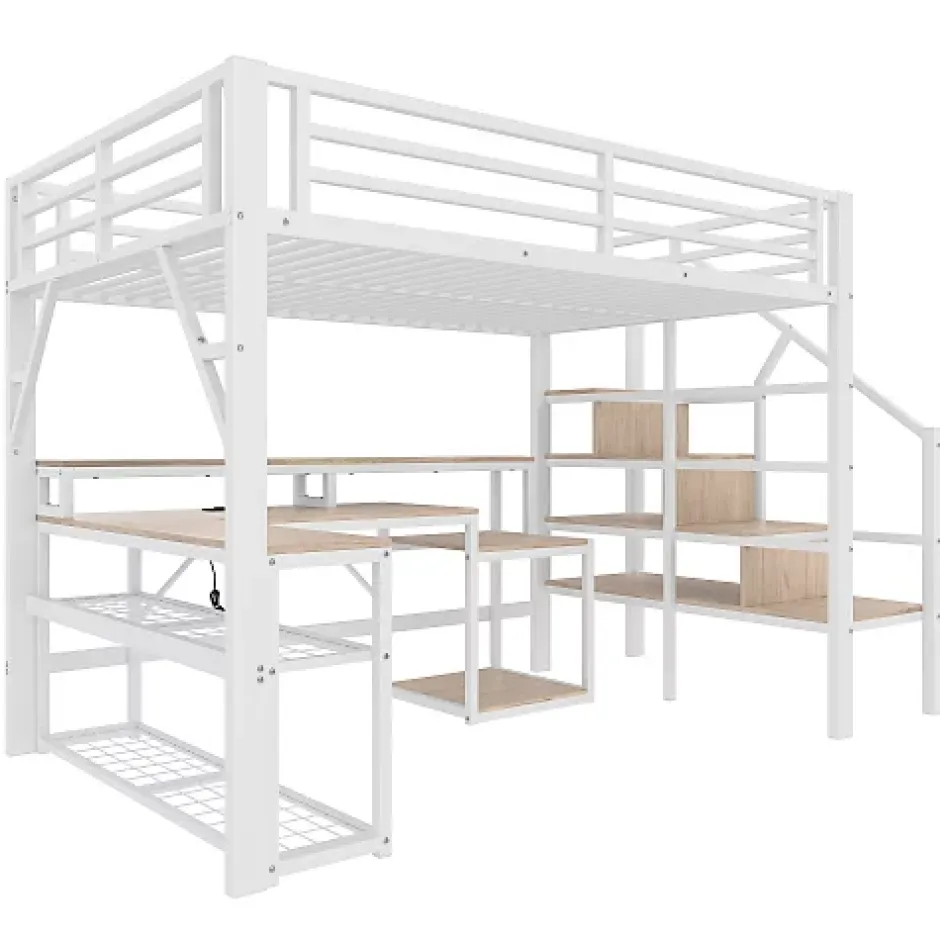 ModernLuxe Lit mezzanine 140x200cm - escalier de sécurité - rambarde - LED - bureau - port USB - blanc (matelas non inclus) Sale