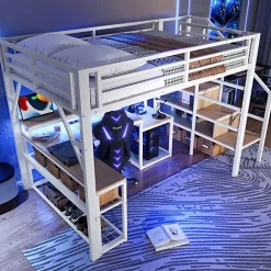 ModernLuxe Lit mezzanine 140x200cm - escalier de sécurité - rambarde - LED - bureau - port USB - blanc (matelas non inclus) Sale