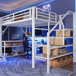 ModernLuxe Lit mezzanine 140x200cm - escalier de sécurité - rambarde - LED - bureau - port USB - blanc (matelas non inclus) Sale