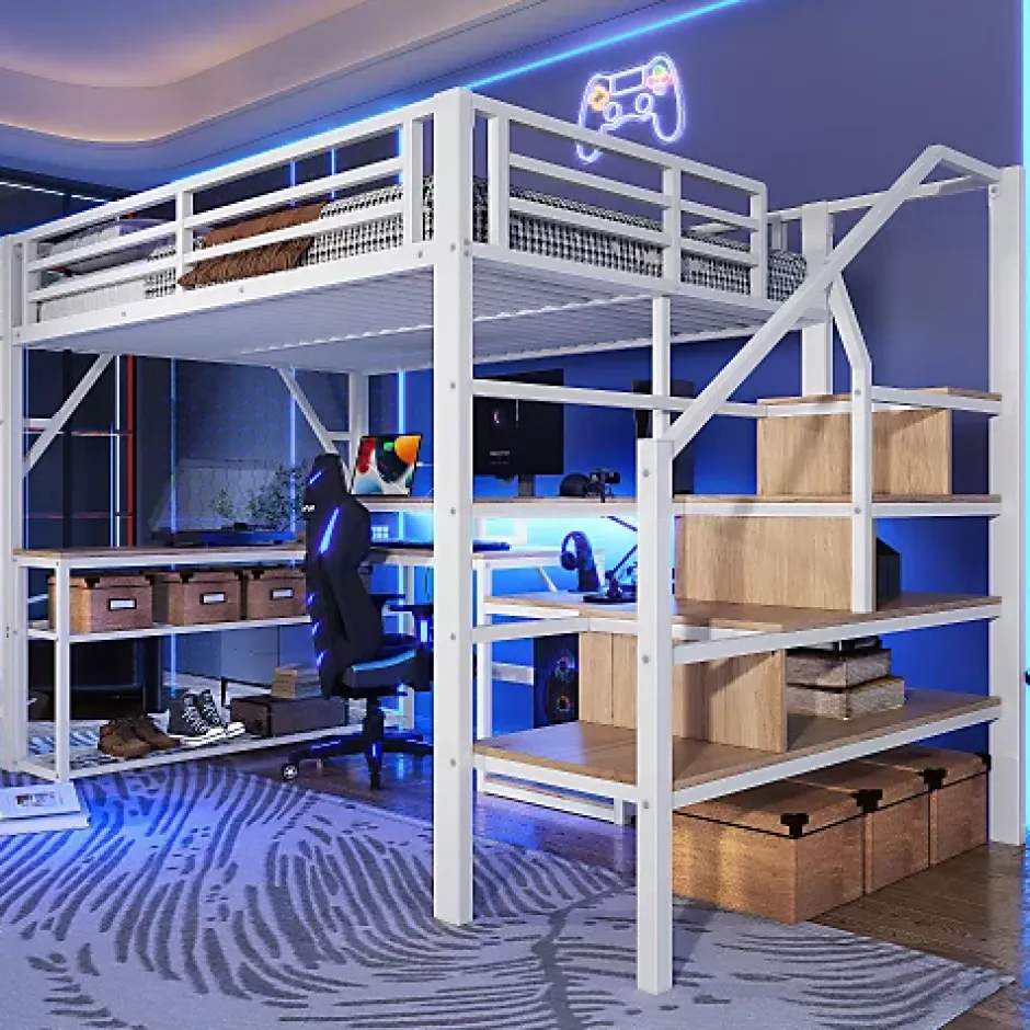 ModernLuxe Lit mezzanine 140x200cm - escalier de sécurité - rambarde - LED - bureau - port USB - blanc (matelas non inclus) Sale