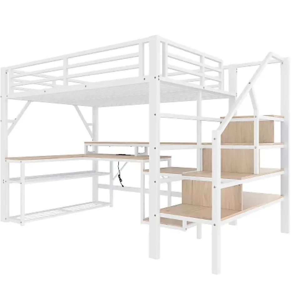 ModernLuxe Lit mezzanine 140x200cm - escalier de sécurité - rambarde - LED - bureau - port USB - blanc (matelas non inclus) Sale
