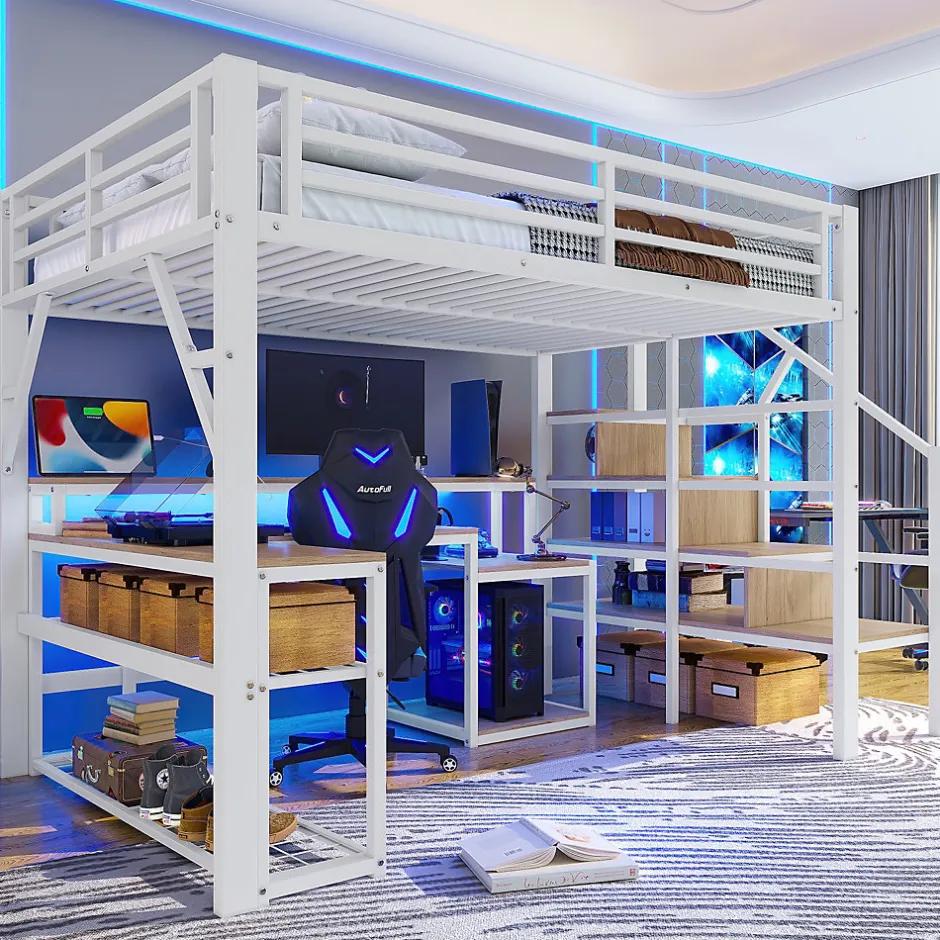 ModernLuxe Lit mezzanine 140x200cm - escalier de sécurité - rambarde - LED - bureau - port USB - blanc (matelas non inclus) Sale