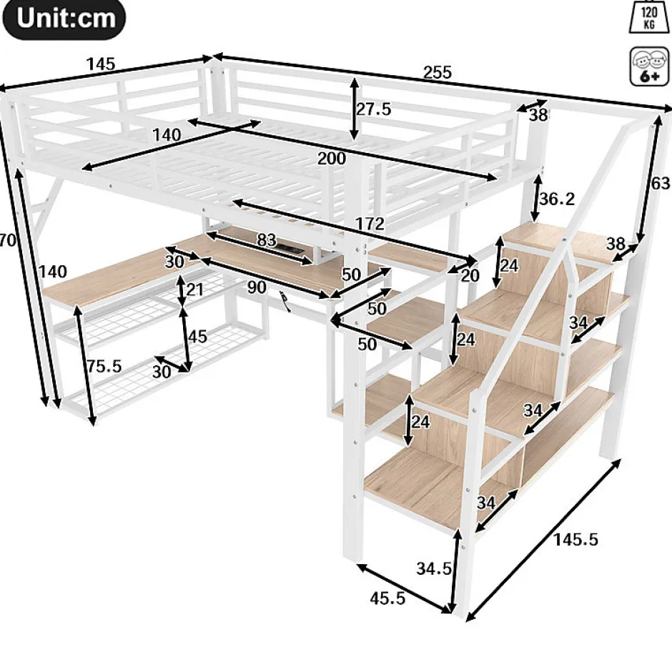 ModernLuxe Lit mezzanine 140x200cm - escalier de sécurité - rambarde - LED - bureau - port USB - blanc (matelas non inclus) Sale