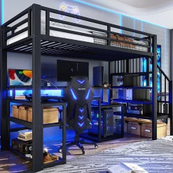 ModernLuxe Lit mezzanine 90x200cm - escalier de sécurité - rambarde - LED - bureau - port USB - noir (matelas non inclus)