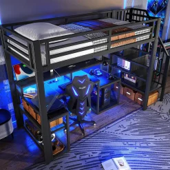 ModernLuxe Lit mezzanine 90x200cm - escalier de sécurité - rambarde - LED - bureau - port USB - noir (matelas non inclus)