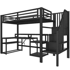 ModernLuxe Lit mezzanine 90x200cm - escalier de sécurité - rambarde - LED - bureau - port USB - noir (matelas non inclus)