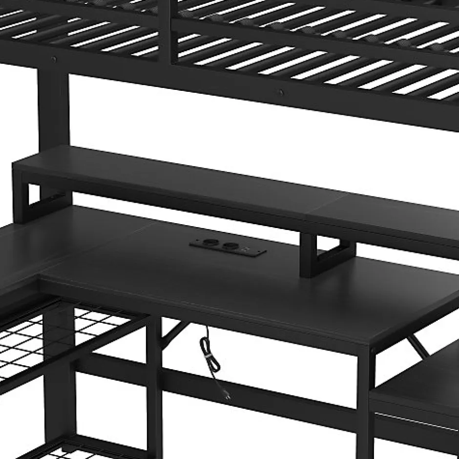 ModernLuxe Lit mezzanine 90x200cm - escalier de sécurité - rambarde - LED - bureau - port USB - noir (matelas non inclus)