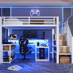 ModernLuxe Lit mezzanine 90x200cm - escalier de sécurité - rambarde - LED - bureau - port USB - blanc (matelas non inclus)