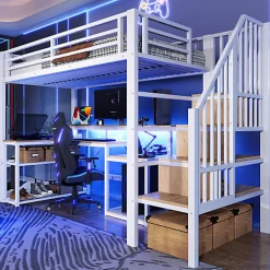 ModernLuxe Lit mezzanine 90x200cm - escalier de sécurité - rambarde - LED - bureau - port USB - blanc (matelas non inclus)