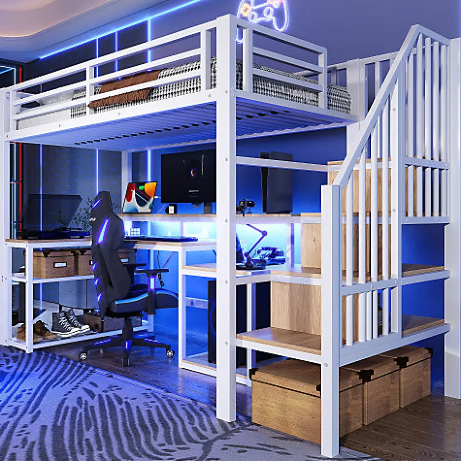 ModernLuxe Lit mezzanine 90x200cm - escalier de sécurité - rambarde - LED - bureau - port USB - blanc (matelas non inclus)
