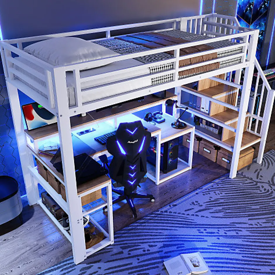 ModernLuxe Lit mezzanine 90x200cm - escalier de sécurité - rambarde - LED - bureau - port USB - blanc (matelas non inclus)
