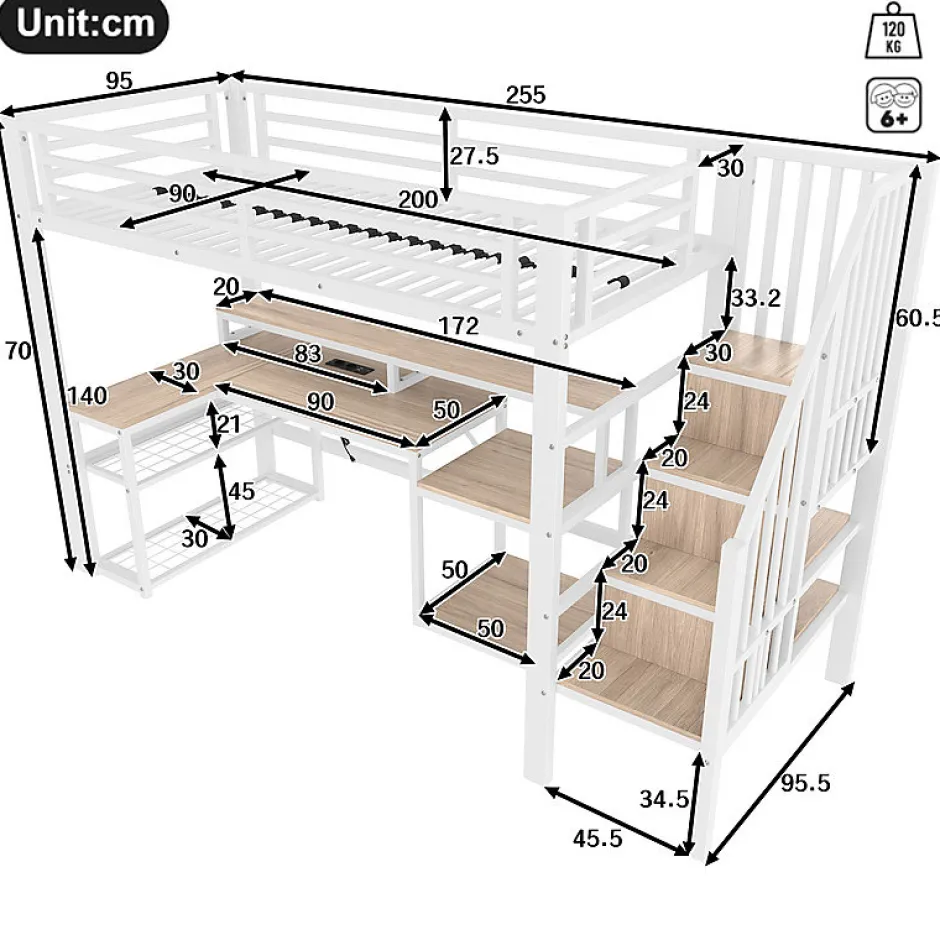 ModernLuxe Lit mezzanine 90x200cm - escalier de sécurité - rambarde - LED - bureau - port USB - blanc (matelas non inclus)