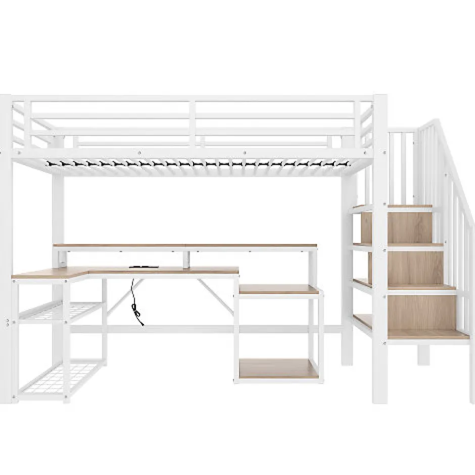 ModernLuxe Lit mezzanine 90x200cm - escalier de sécurité - rambarde - LED - bureau - port USB - blanc (matelas non inclus)