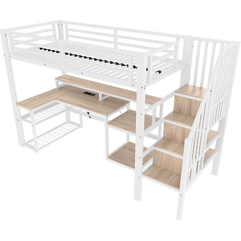 ModernLuxe Lit mezzanine 90x200cm - escalier de sécurité - rambarde - LED - bureau - port USB - blanc (matelas non inclus)