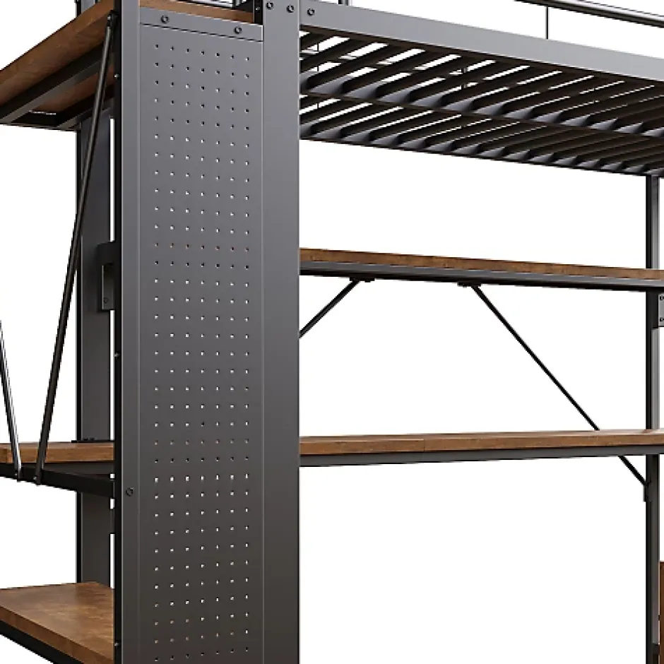 ModernLuxe Lit mezzanine 90x200cm - structure en fer - bureau avec étagère - LED - port USB - noir (matelas non inclus) Sale