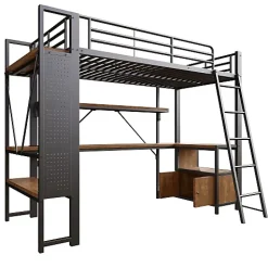 ModernLuxe Lit mezzanine 90x200cm - structure en fer - bureau avec étagère - LED - port USB - noir (matelas non inclus) Sale