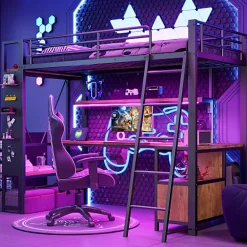 ModernLuxe Lit mezzanine 90x200cm - structure en fer - bureau avec étagère - LED - port USB - noir (matelas non inclus) Sale