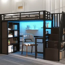 ModernLuxe Lit mezzanine 90x200cm - structure en fer - bureau - rangements - LED - escalier - noir (matelas non inclus)