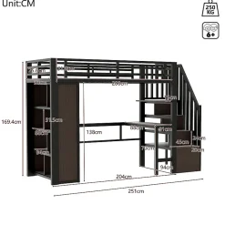 ModernLuxe Lit mezzanine 90x200cm - structure en fer - bureau - rangements - LED - escalier - noir (matelas non inclus)