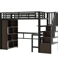 ModernLuxe Lit mezzanine 90x200cm - structure en fer - bureau - rangements - LED - escalier - noir (matelas non inclus)