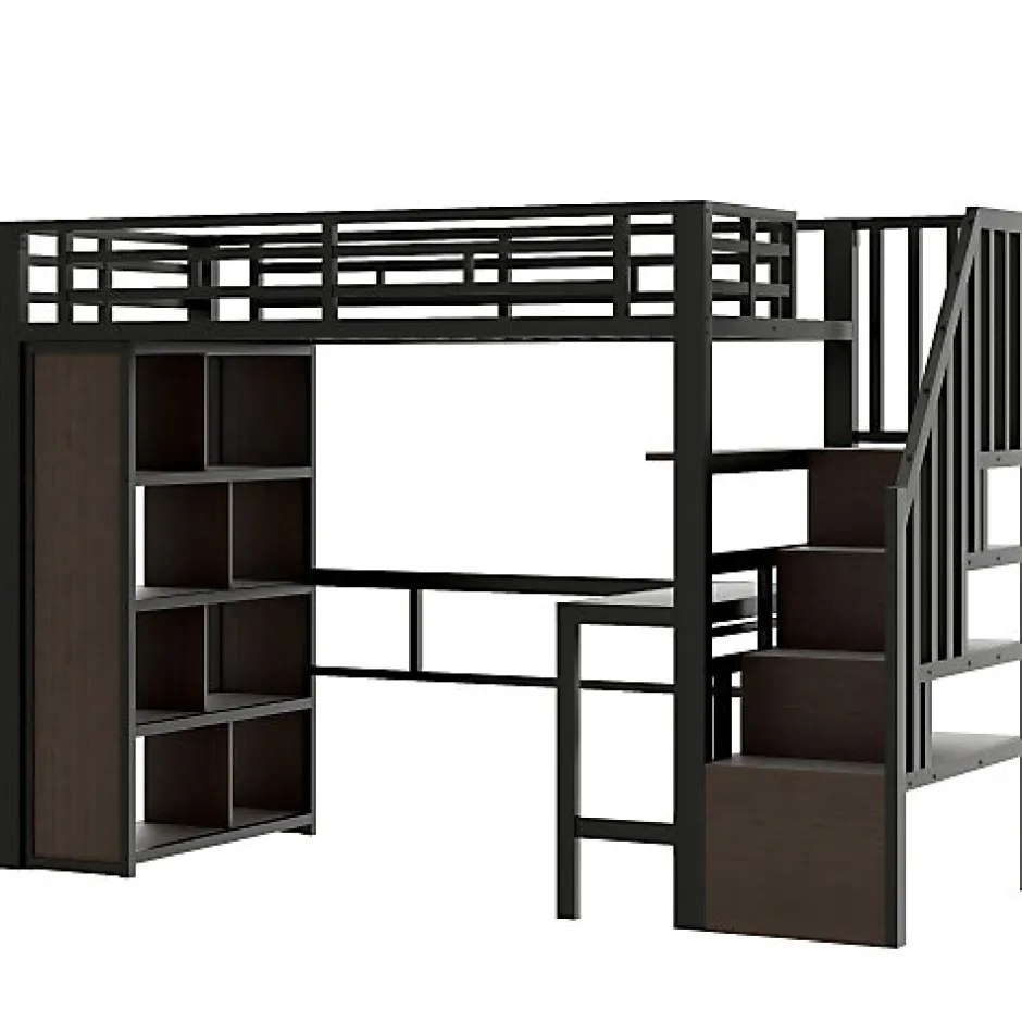ModernLuxe Lit mezzanine 90x200cm - structure en fer - bureau - rangements - LED - escalier - noir (matelas non inclus)