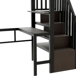 ModernLuxe Lit mezzanine 90x200cm - structure en fer - bureau - rangements - LED - escalier - noir (matelas non inclus)