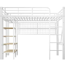 ModernLuxe Lit mezzanine 90x200cm - structure en fer - rangements - éclairage LED - blanc (matelas non inclus) Discount