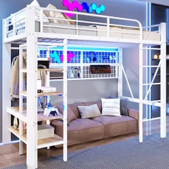 ModernLuxe Lit mezzanine 90x200cm - structure en fer - rangements - éclairage LED - blanc (matelas non inclus) Discount