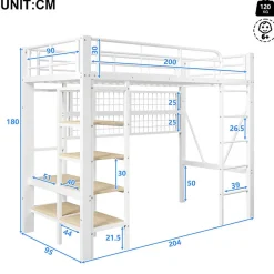 ModernLuxe Lit mezzanine 90x200cm - structure en fer - rangements - éclairage LED - blanc (matelas non inclus) Discount
