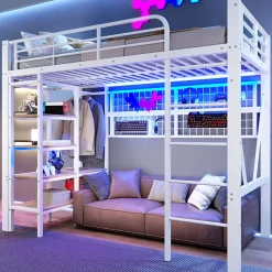 ModernLuxe Lit mezzanine 90x200cm - structure en fer - rangements - éclairage LED - blanc (matelas non inclus) Discount