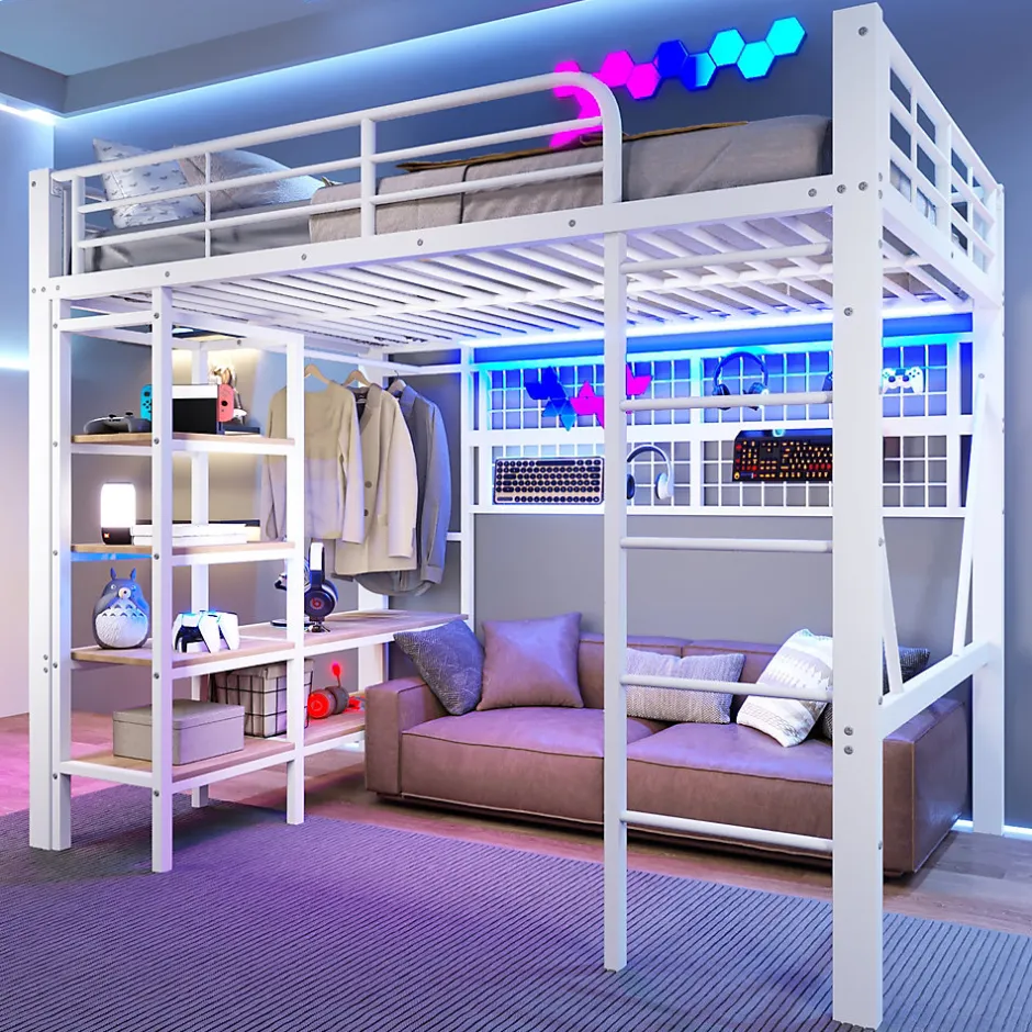 ModernLuxe Lit mezzanine 140x200cm - structure en fer - rangements - éclairage LED - blanc (matelas non inclus)