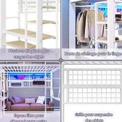 ModernLuxe Lit mezzanine 140x200cm - structure en fer - rangements - éclairage LED - blanc (matelas non inclus)