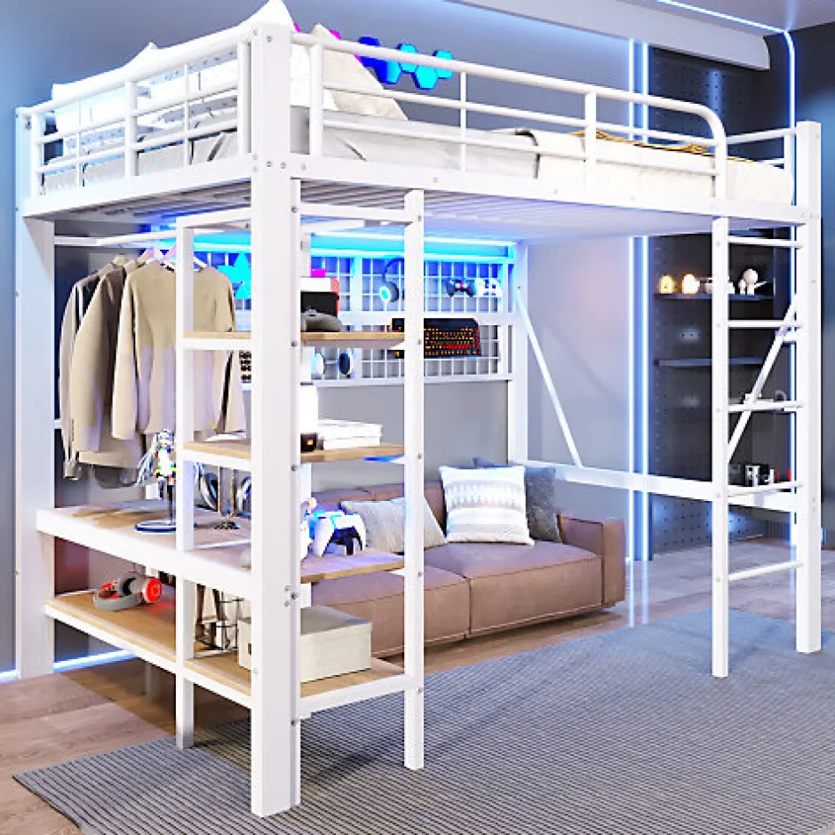 ModernLuxe Lit mezzanine 140x200cm - structure en fer - rangements - éclairage LED - blanc (matelas non inclus)