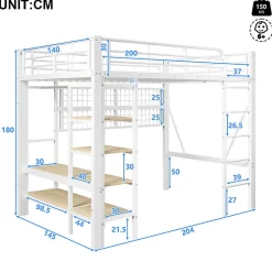 ModernLuxe Lit mezzanine 140x200cm - structure en fer - rangements - éclairage LED - blanc (matelas non inclus)
