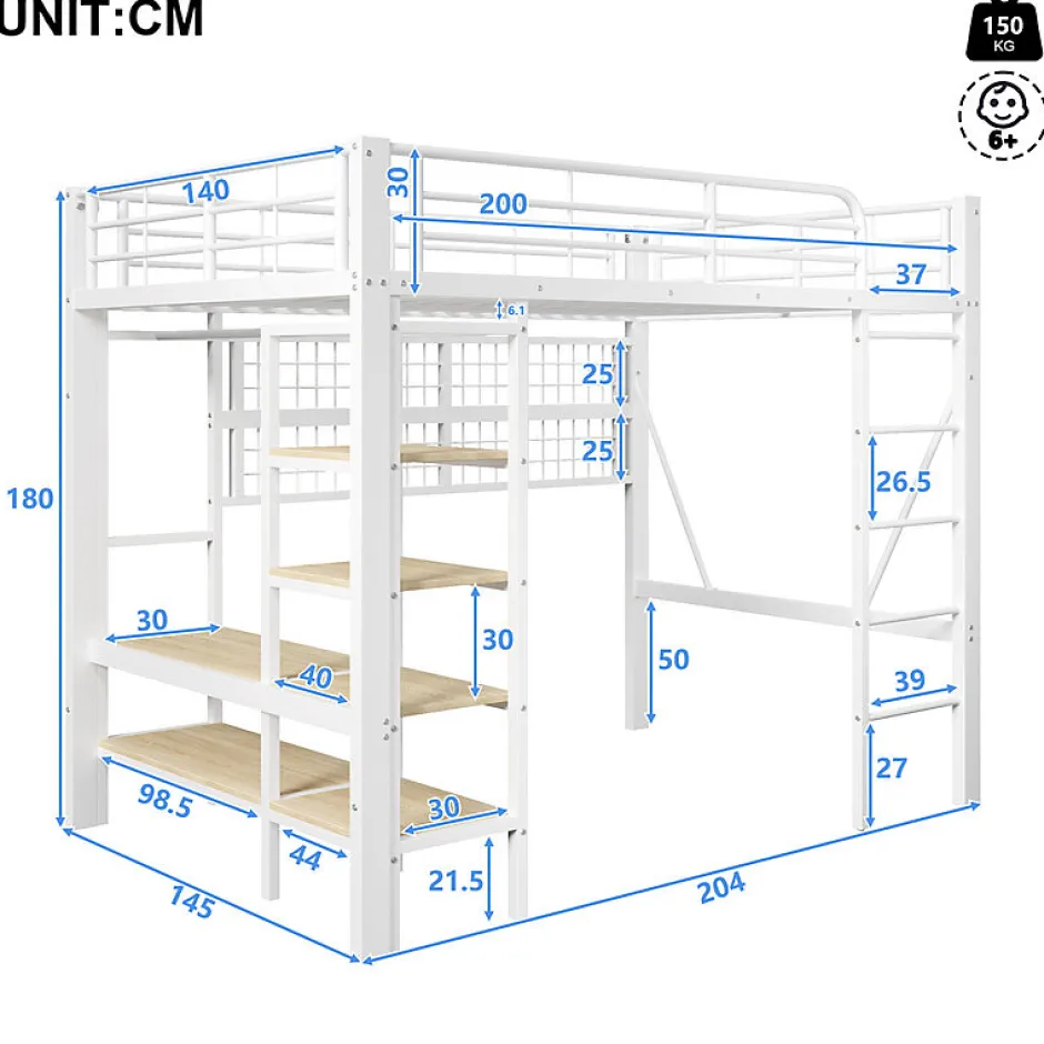 ModernLuxe Lit mezzanine 140x200cm - structure en fer - rangements - éclairage LED - blanc (matelas non inclus)