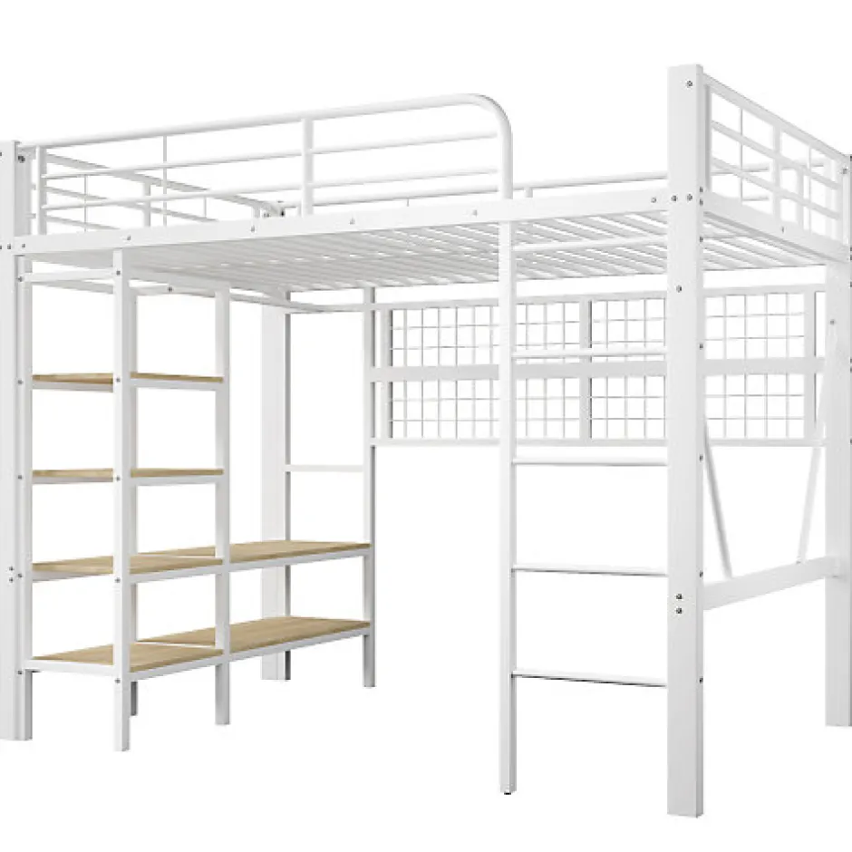 ModernLuxe Lit mezzanine 140x200cm - structure en fer - rangements - éclairage LED - blanc (matelas non inclus)