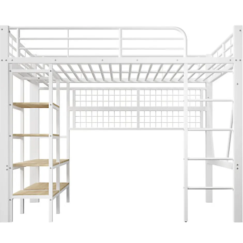 ModernLuxe Lit mezzanine 140x200cm - structure en fer - rangements - éclairage LED - blanc (matelas non inclus)