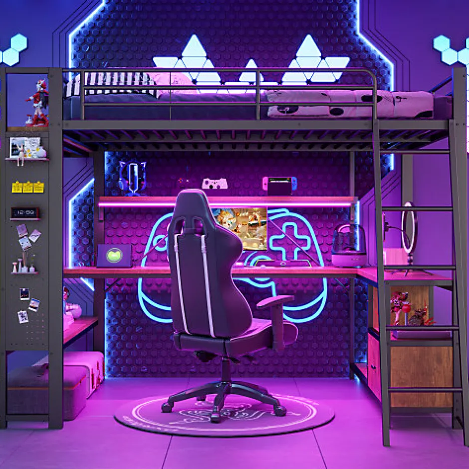 ModernLuxe Lit mezzanine 140x200cm - structure en fer - bureau avec étagère - LED - port USB - noir (matelas non inclus)