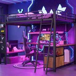 ModernLuxe Lit mezzanine 140x200cm - structure en fer - bureau avec étagère - LED - port USB - noir (matelas non inclus)