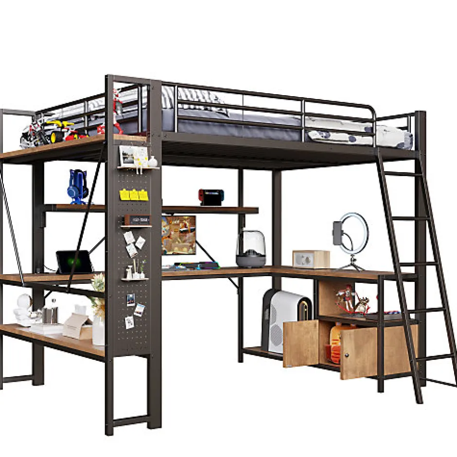 ModernLuxe Lit mezzanine 140x200cm - structure en fer - bureau avec étagère - LED - port USB - noir (matelas non inclus)